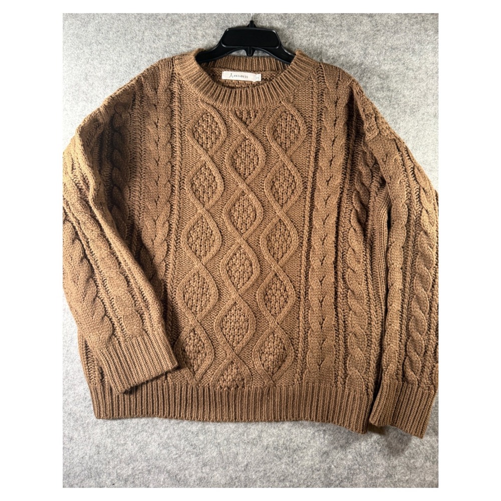 Textured‎ Cable Knit Crewneck Sweater Camel Brown Oversized Long Sleeve Pullover